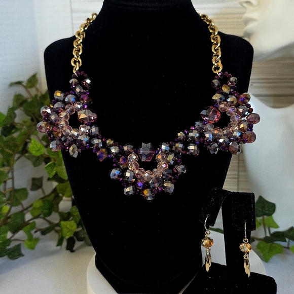 Gold Chain Necklace with AB Purple Faceted Glass Bead Bib and Earrings Set - Picture 1 of 10